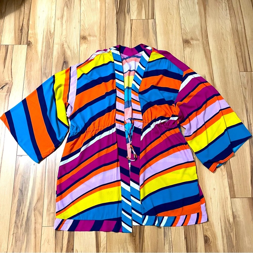 Trina Turk Catch A Wave Kimono Robe Sz L Striped Beach Swim Tie Front Cover Up